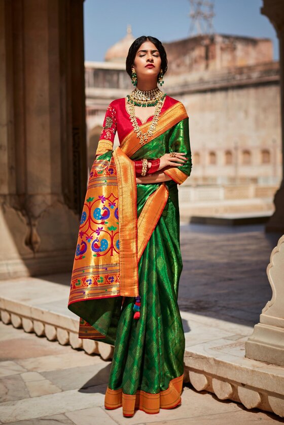 Green Banarasi Paithani Saree with Threadwork Blouse