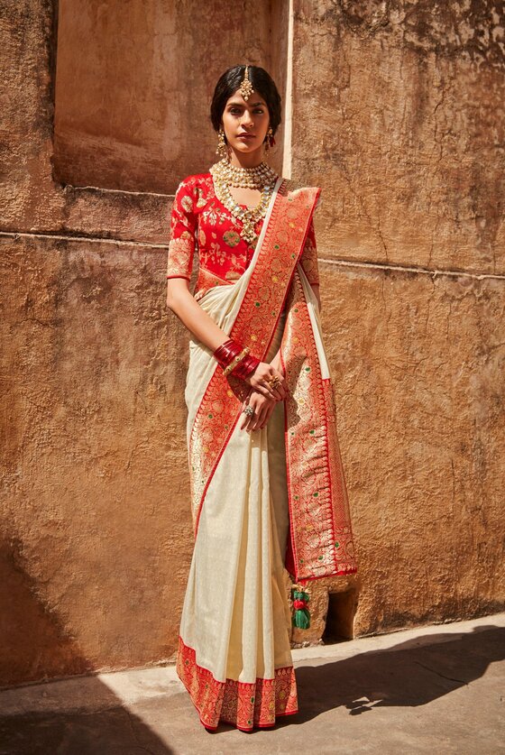 Red & White Banarasi Patola Saree with Threadwork Blouse