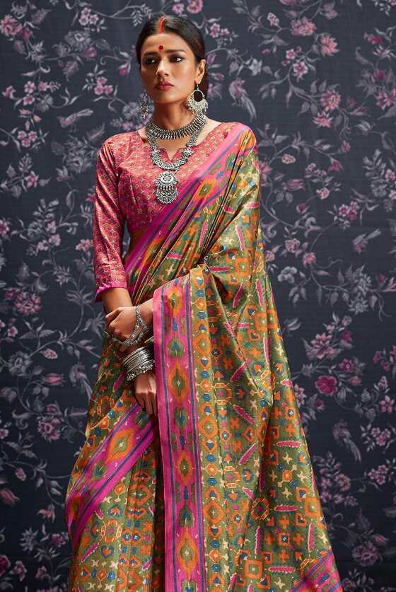 Olive Green Printed Patola Saree