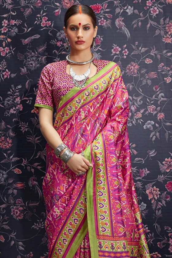 Fuscia Pink Printed Patola Saree