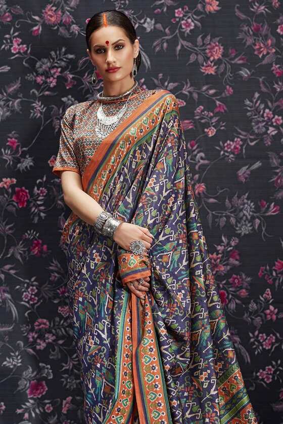 Navy Blue Printed Patola Saree