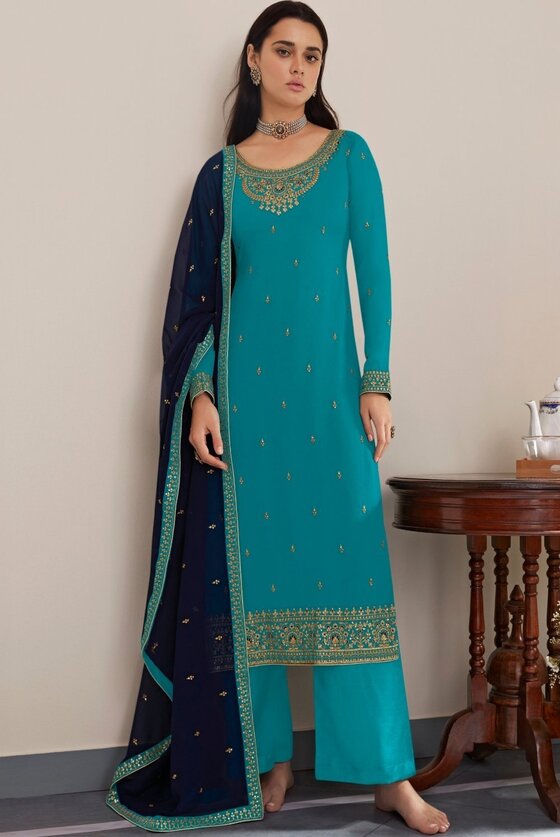 Cerulean Blue Georgette Embroidered Anarkali Suit