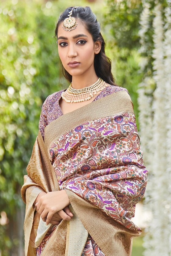 Purple Silk Saree With Kashmiri Floral Print