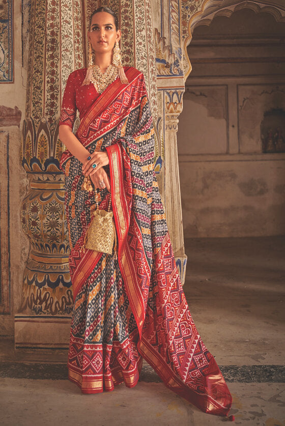 Multicolor Red And Grey Patola Silk Saree