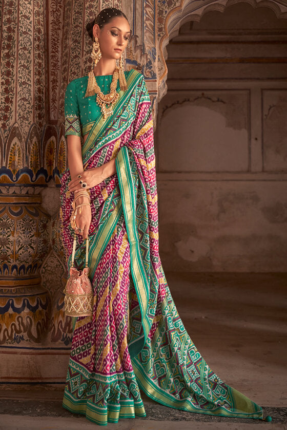 Multicolored Green And Pink Patola Silk Saree