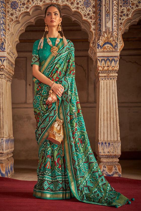 Tiffany Blue And Geren Patola Silk Saree