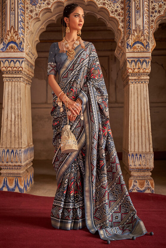 Multicoloured Silver Grey Patola Silk Saree