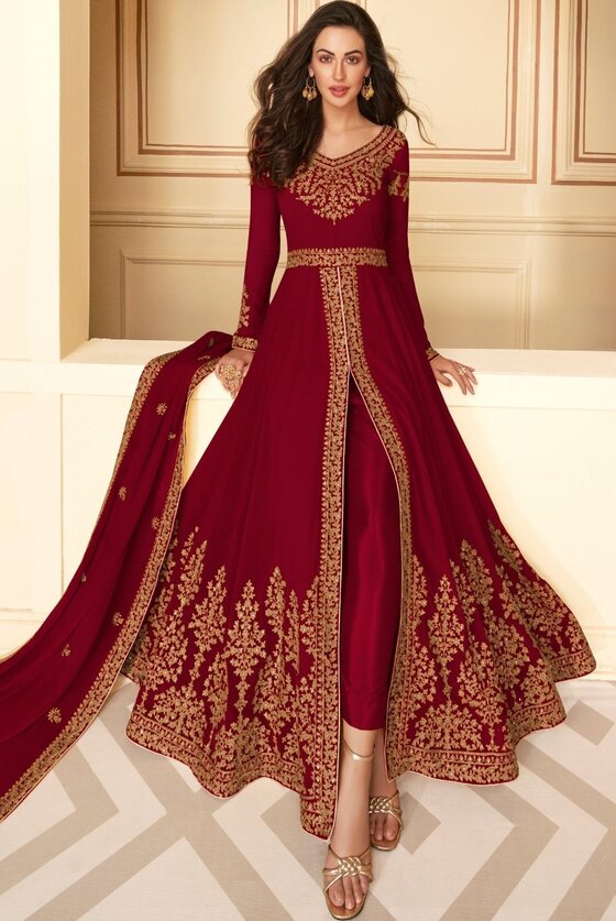 Crimson Red Georgette Embroidered Anarkali Suit