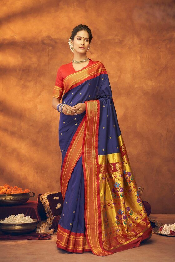 Navy Blue Woven Paithani Silk Saree