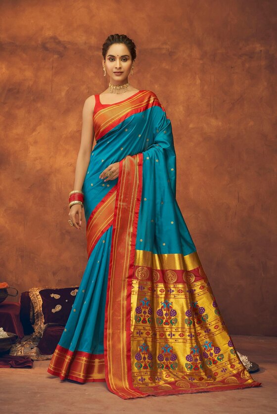 Dodger Blue Woven Paithani Silk Saree