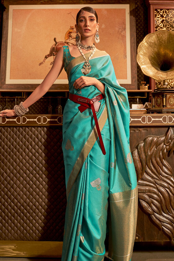 Ganges Blue Woven Banarasi Saree With Brocade Blouse