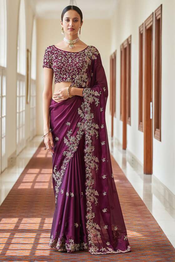 Wine Maroon Exclusive Organza Designer Saree