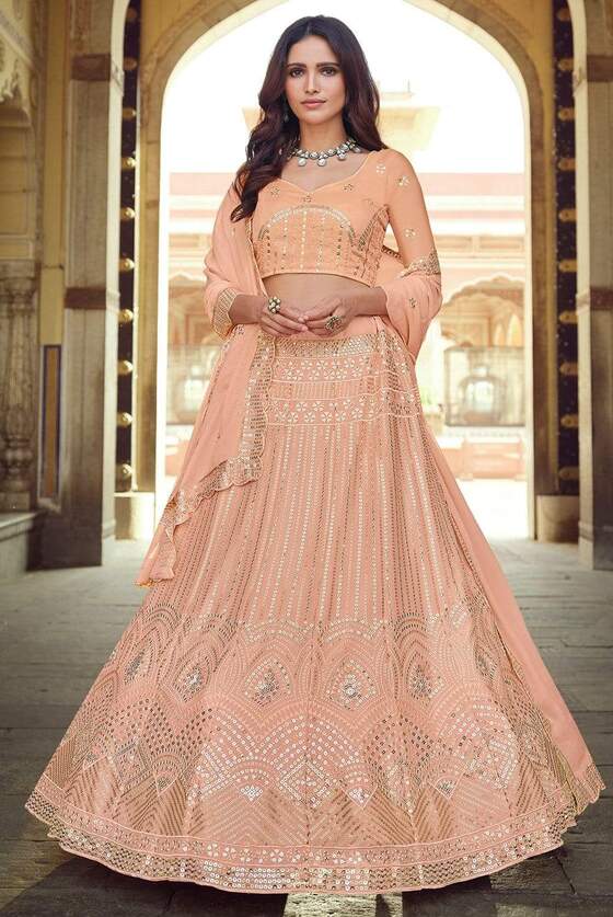 Light Salmon Peach Exclusive Georgette Based Sequins Lehenga Choli