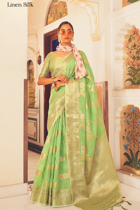 Lawn Green Designer Banarasi Linen silk saree