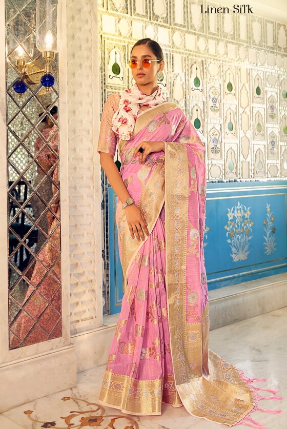 Blossom Pink Designer Banarasi Linen silk saree