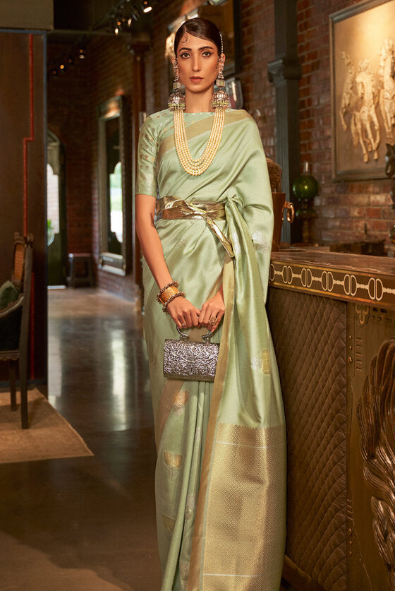 Fresh Green Woven Banarasi Saree With Brocade Blouse