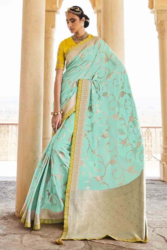 Cyan Blue Woven Banarasi Silk Saree With Embroidered Blouse