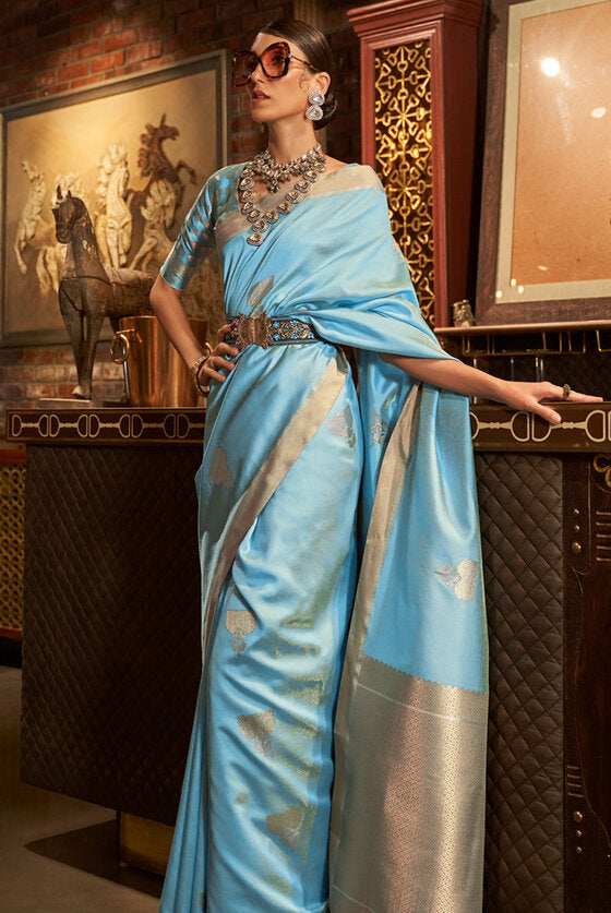 Princess Blue Woven Banarasi Saree With Brocade Blouse