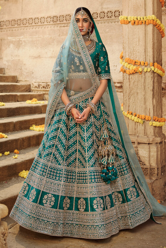 Teal Blue Heavy Embroidered Bridal Lehenga