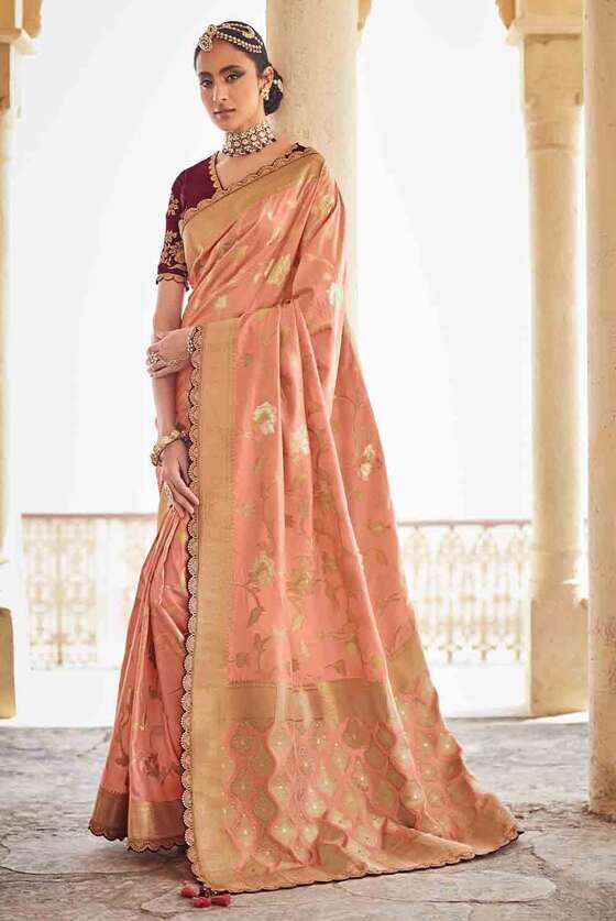 Peach Pink Woven Banarasi Silk Saree With Embroidered Blouse