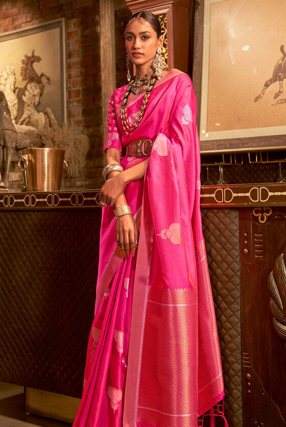 Festive Pink Woven Banarasi Saree With Brocade Blouse