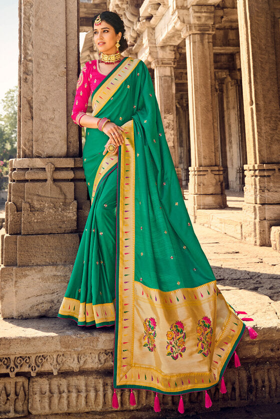 Beautiful Green Banarasi Woven Silk Saree With Designer Blouse