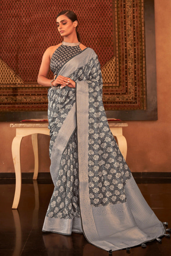 Grey Pashmina Silk Floral Printed Saree with Weaving