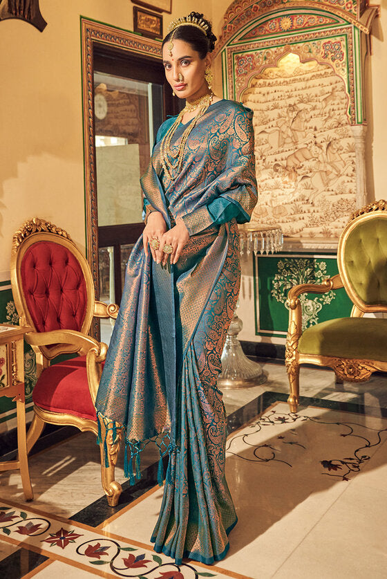 Indian Blue Woven Kanjivaram Silk Saree With Zari