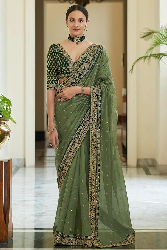 Emerald Green Organza Designer Saree