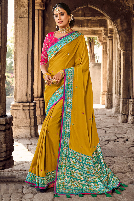 Begonia Yellow Banarasi Woven Silk Saree With Designer Blouse