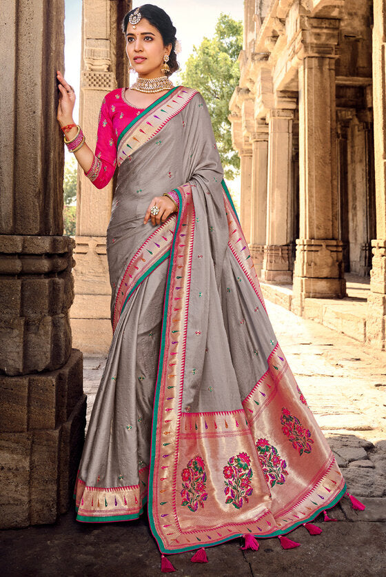 Desiring Grey Banarasi Woven Silk Saree With Designer Blouse