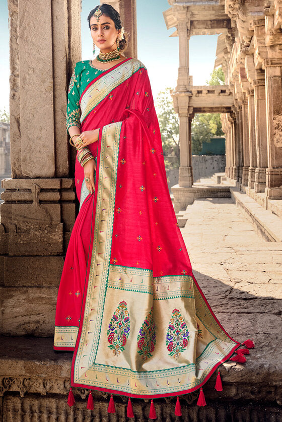 Bridal Red Banarasi Woven Silk Saree With Designer Blouse