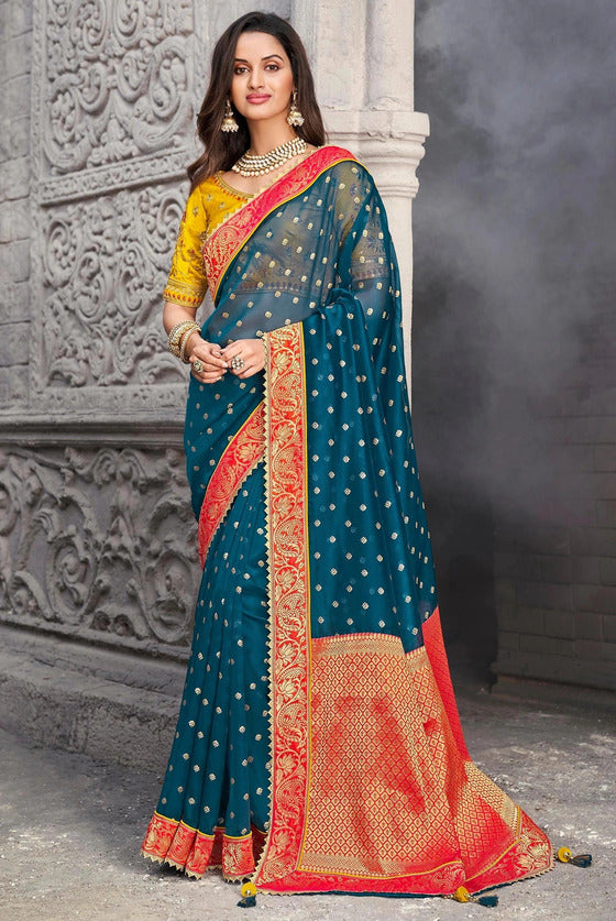 Blue Organza Silk Saree With Contrast Border