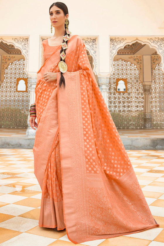 Orange Woven Banarasi Georgette Silk Saree