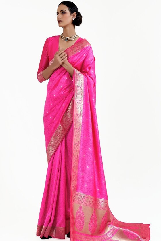 Pink Zari Woven Self Embossed Banarasi Silk Saree