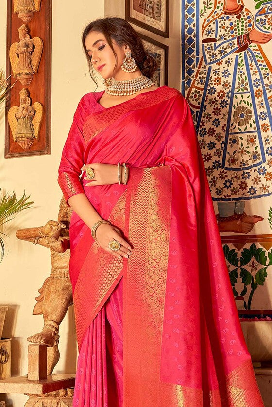 Deep Pink Woven Self Embossed Banarasi Silk Saree