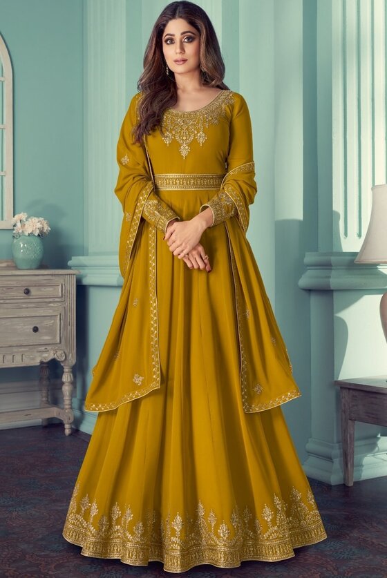 Mustard Yellow Georgette Embroidered Anarkali Suit