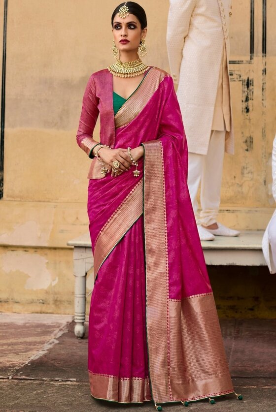 Magenta Pink Self Embossed Zari Woven Banarasi Silk Saree