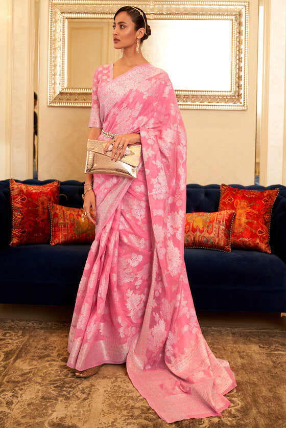 Delight Pink Woven Lucknowi Cotton Saree