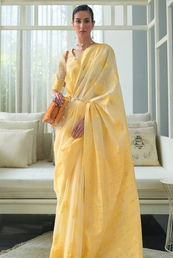 Pearl Yellow Lucknowi Chikankari Woven Silk Saree