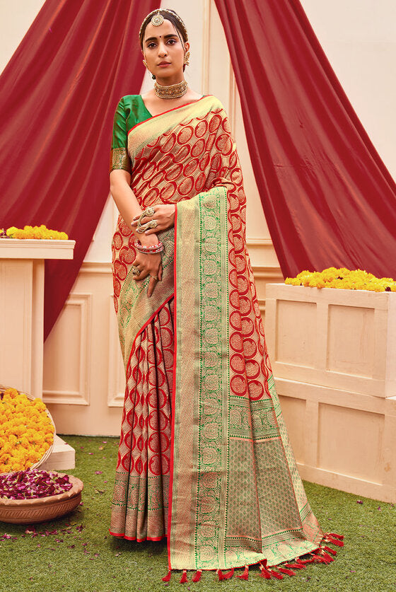 Crimson Red & Green Woven Kanjivaram Silk Saree With Brocade Border