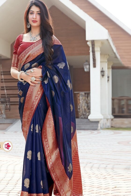 Navy Blue Zari Woven Banarasi Silk Saree