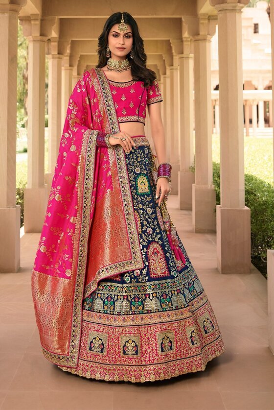 Beautiful Blue And Pink Hand Heavy Embroidered Banarasi Lehenga Choli