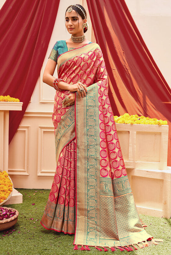 Daliha Pink & Blue Woven Kanjivaram Silk Saree With Brocade Border