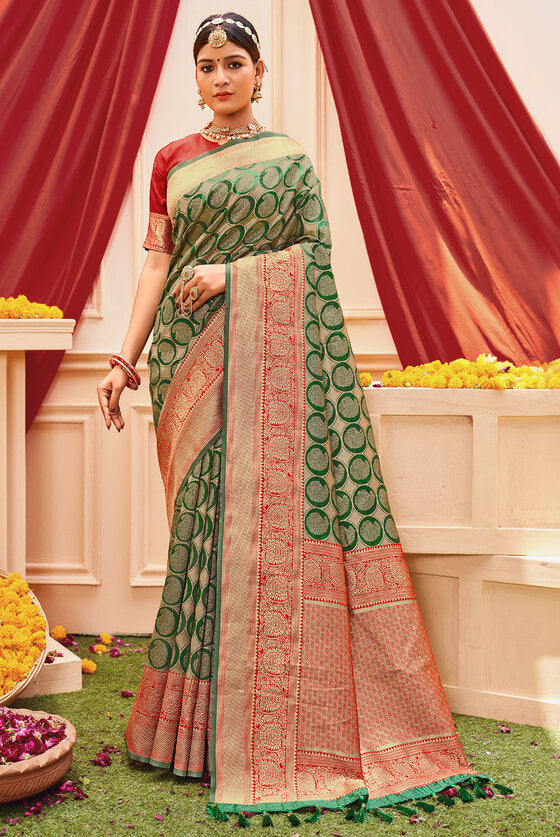 Fern Green & Red Woven Kanjivaram Silk Saree With Brocade Border