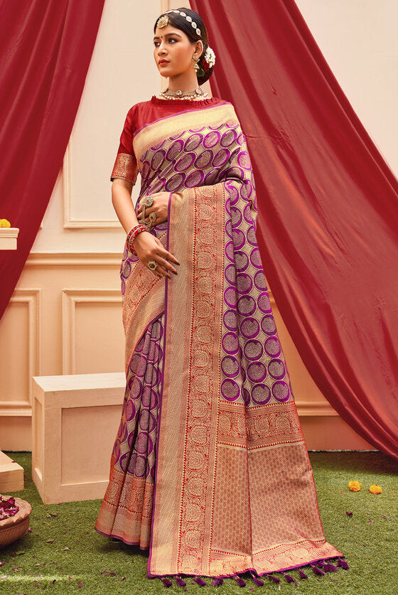 Fandango Purple & Red Woven Kanjivaram Silk Saree With Brocade Border