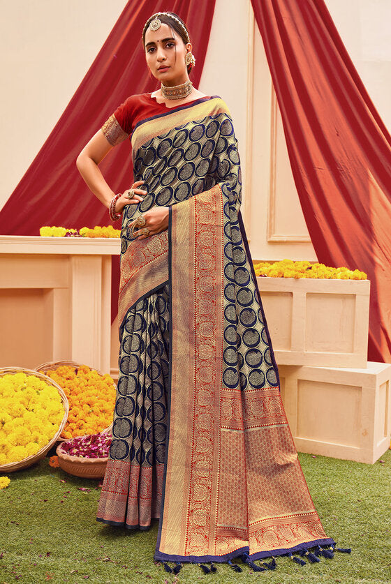 Indigo Blue & Red Woven Kanjivaram Silk Saree With Brocade Border