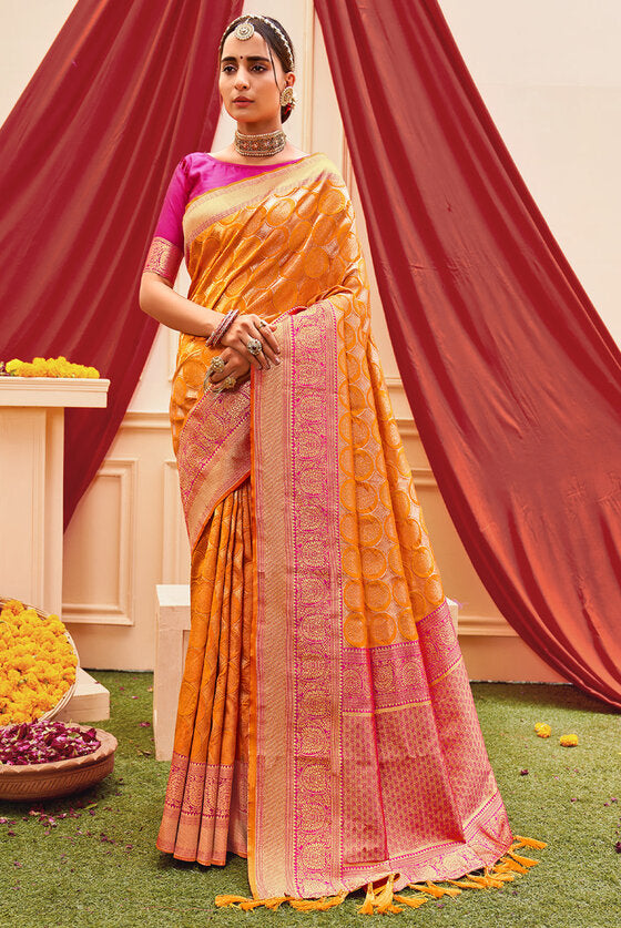 Chrome Yellow & Pink Woven Kanjivaram Silk Saree With Brocade Border