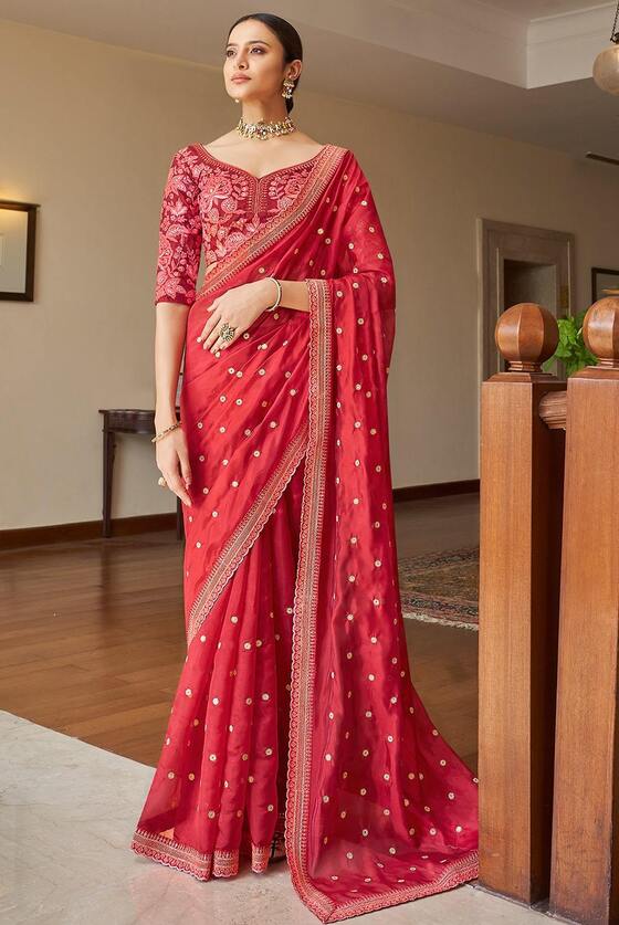 Neon Pink Organza Designer Saree