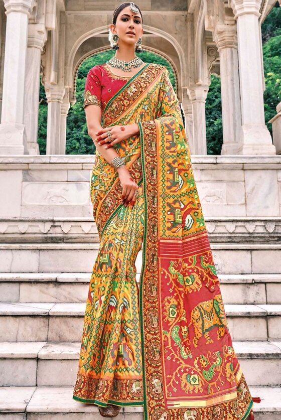 Honey Yellow Patan Patola Silk Saree With Heavy Embroidered Blouse